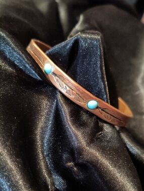 Unisex Copper Feather Cuff Bracelet with Turquoise Stones